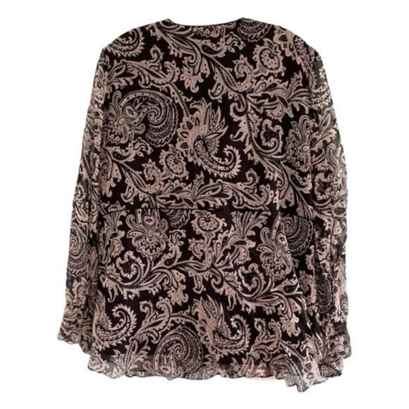 Vision Apparel Silk Beaded Blouse Black White Paisley Print Ruffle V-Neck 2X - Picture 2 of 7